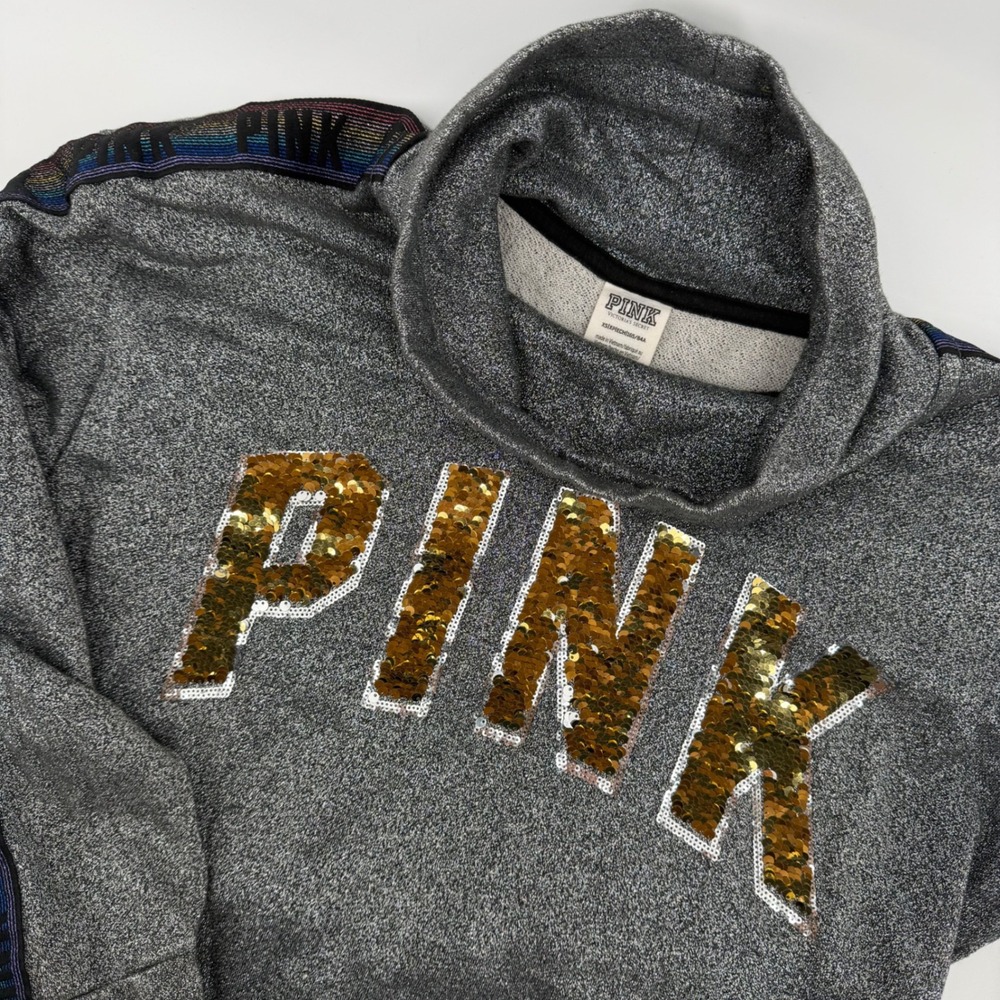 PINK Victoria's Secret Gold Silver Sequin Cowl Neck Sweatshirt Top Gray Women XS